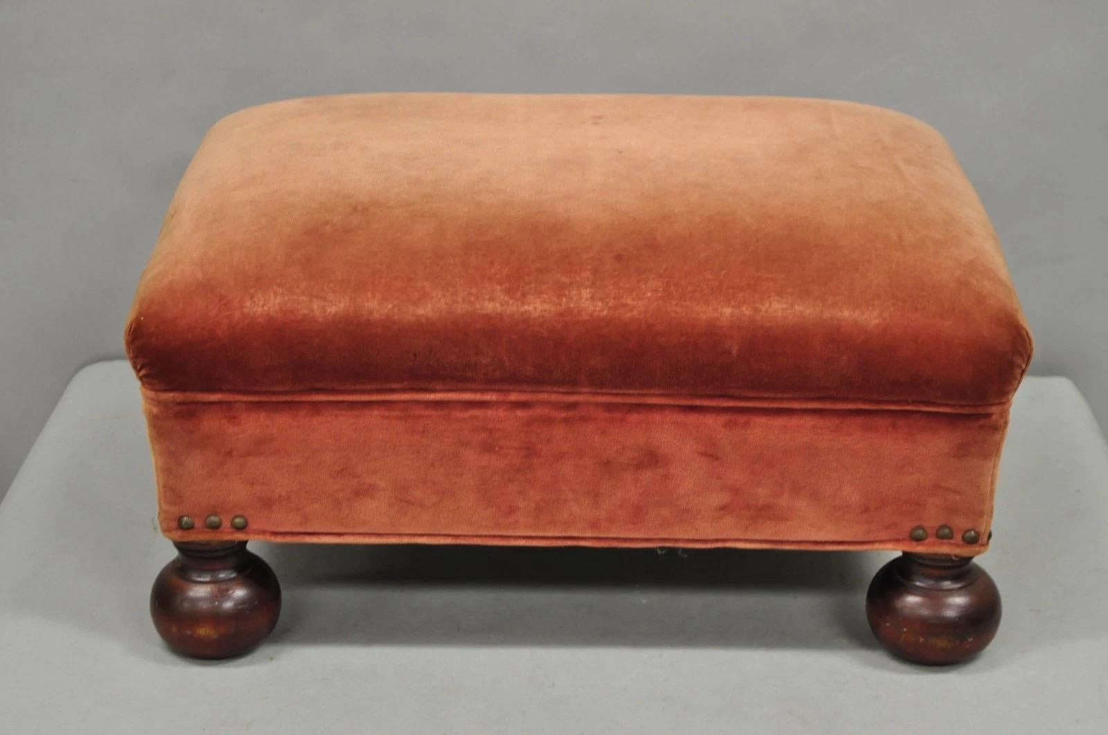 Vintage Jacobean William & Mary Walnut Bun Feet Upholstered Ottoman Footstool For Sale 6