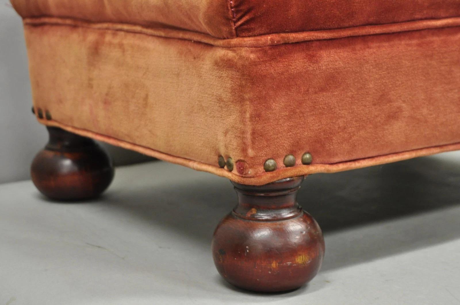 Unknown Vintage Jacobean William & Mary Walnut Bun Feet Upholstered Ottoman Footstool For Sale