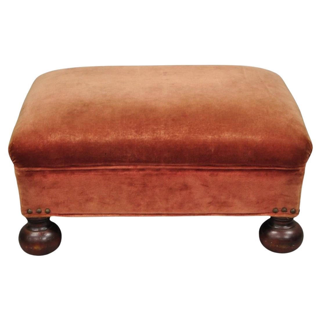 Vintage Jacobean William & Mary Walnut Bun Feet Upholstered Ottoman Footstool