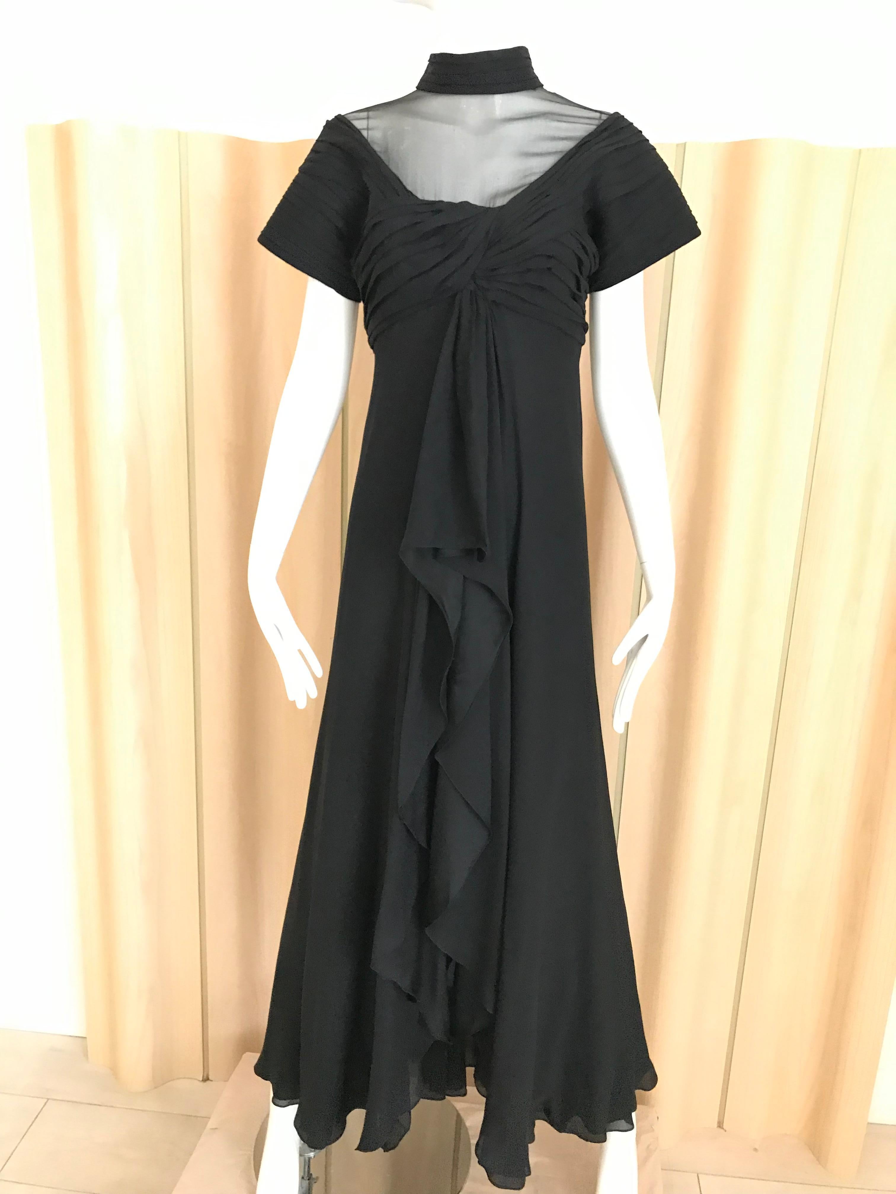 1980s Vintage Jacqueline De Ribes black silk chiffon illusion gown.
Bust; 34 inches
