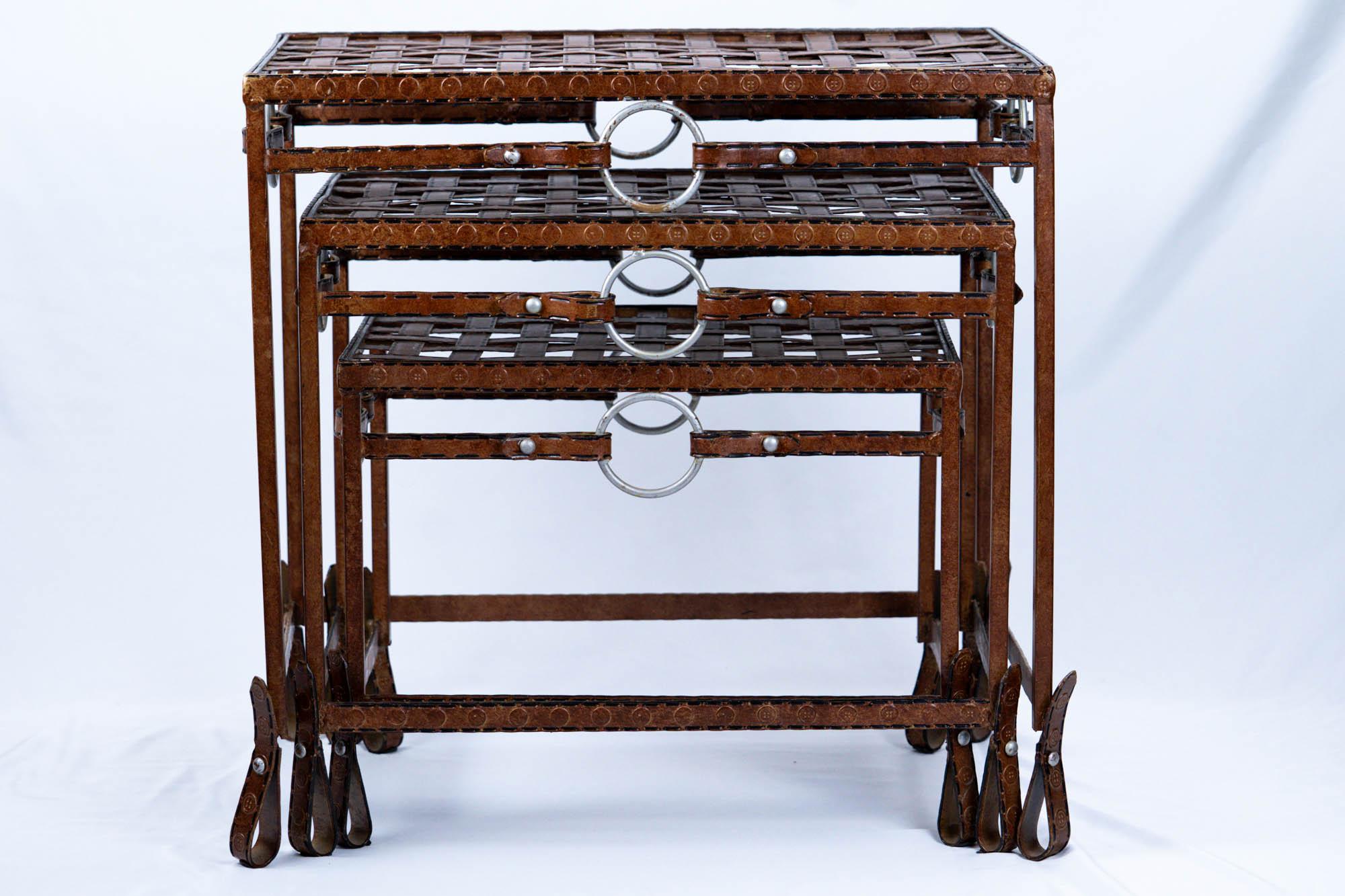 Rare
Equestrian style
detailed forged iron so intricate that there is even forged thread
Perfect for a lodge, equestrian property or mancave 
3 nesting tables
Larger table table 22