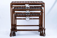 Vintage Jacques Adnet Style Hermes Equestre Fer forgé Cuir Tables gigognes