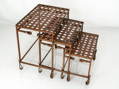 Vintage Jacques Adnet Hermes Style Equestrian Iron Forged Leather Nesting Tables