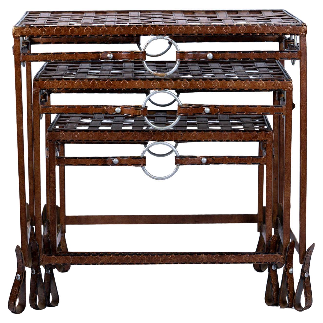 Vintage Jacques Adnet Hermes Style Equestrian Iron Forged Leather Nesting Tables For Sale