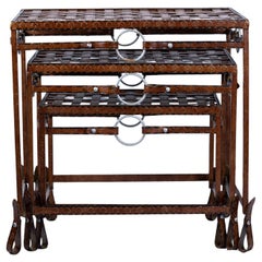 Vintage Jacques Adnet Hermes Style Equestrian Iron Forged Leather Nesting Tables