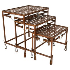 Vintage Jacques Adnet Hermes Style Equestrian Iron Forged Leather Nesting Tables