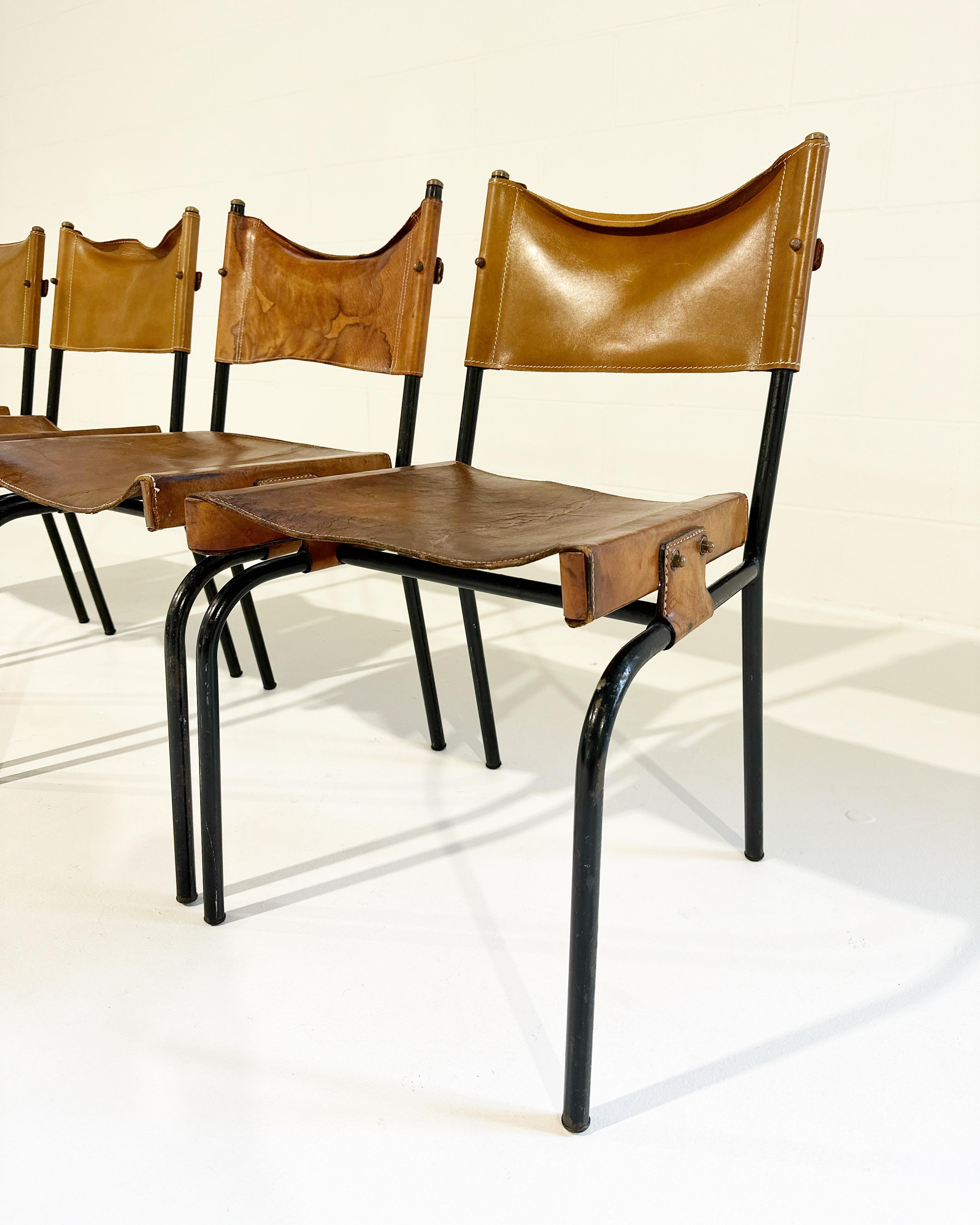 Chaises d'appoint vintage Jacques Adnet en cuir, ensemble de 4 pièces en vente 3