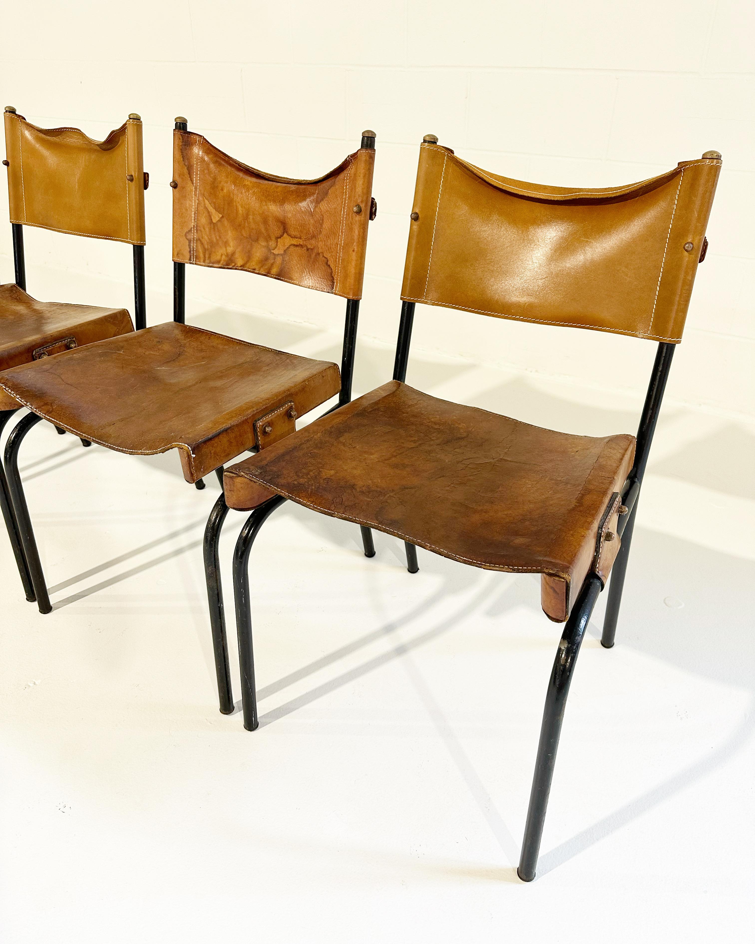 Vintage Jacques Adnet Leather Side Chairs, Set of 4 For Sale 5