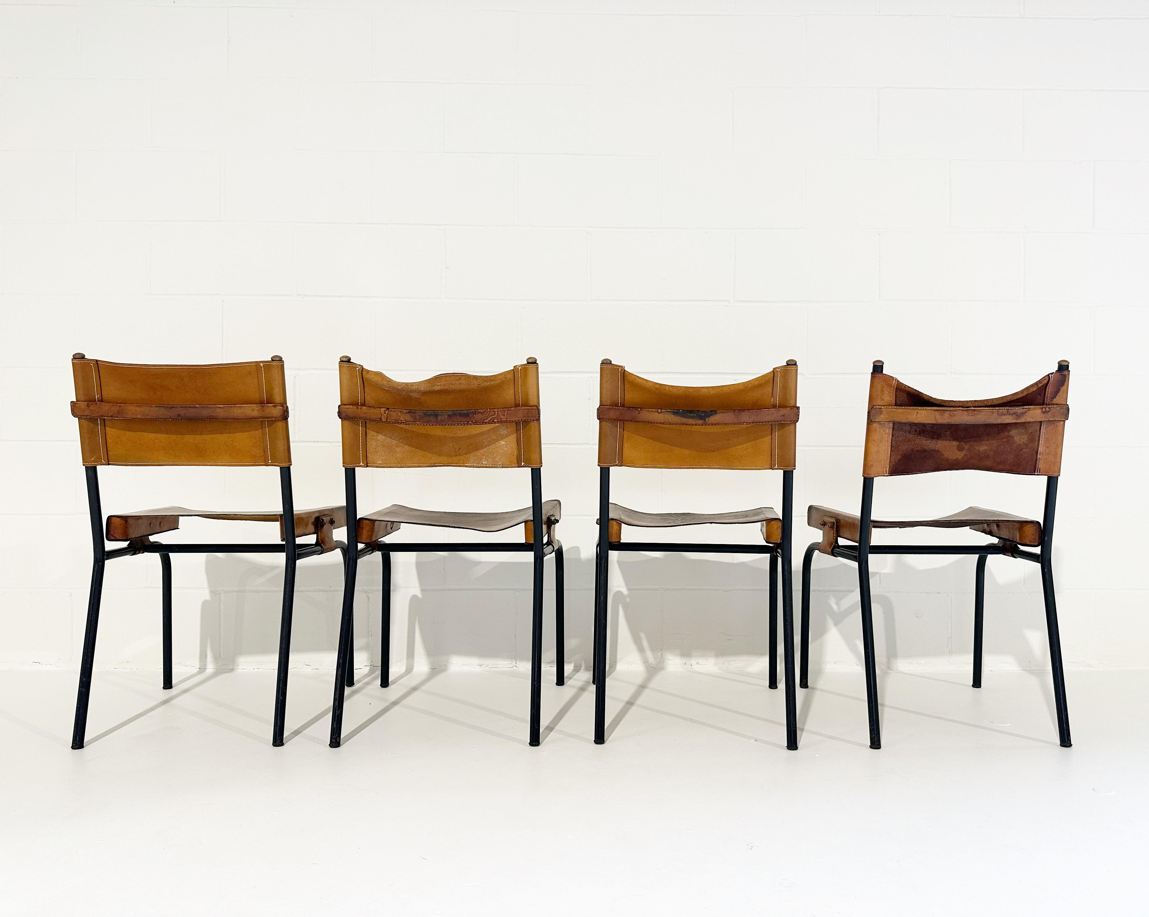 Vintage-Beistellstühle aus Leder von Jacques Adnet, 4er-Set (Französisch) im Angebot