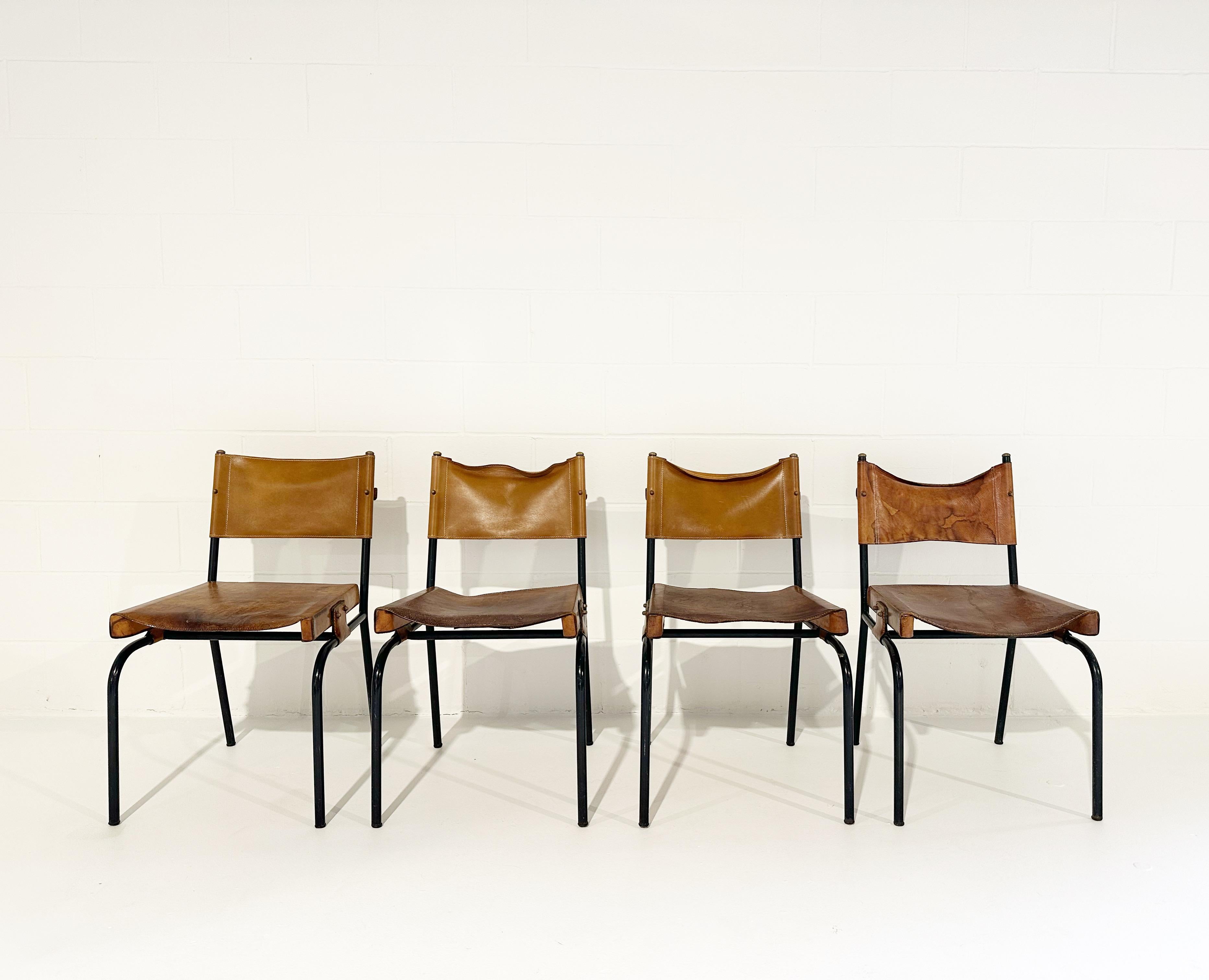 Brass Vintage Jacques Adnet Leather Side Chairs, Set of 4 For Sale