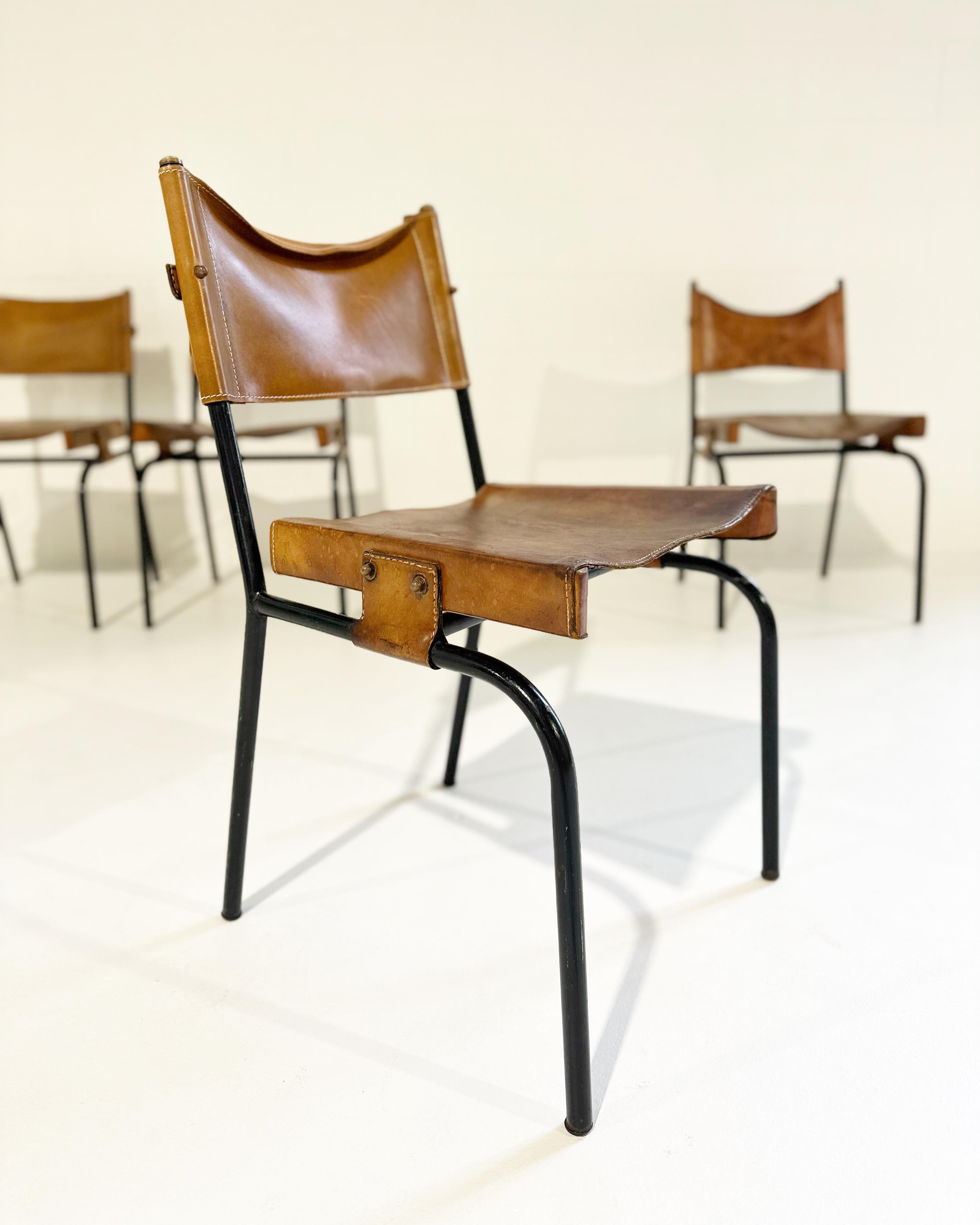 Vintage-Beistellstühle aus Leder von Jacques Adnet, 4er-Set im Angebot 1
