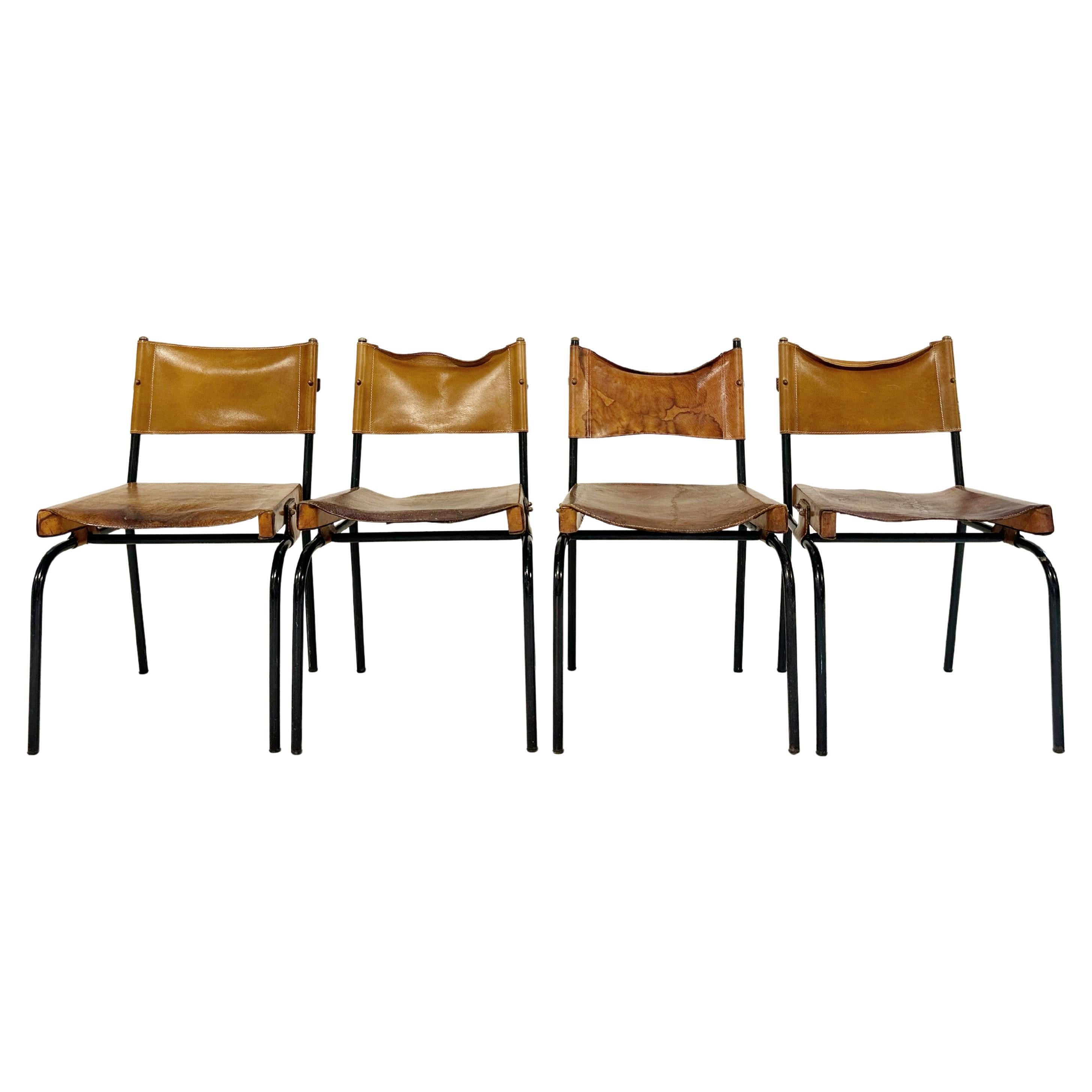 Chaises d'appoint vintage Jacques Adnet en cuir, ensemble de 4 pièces en vente