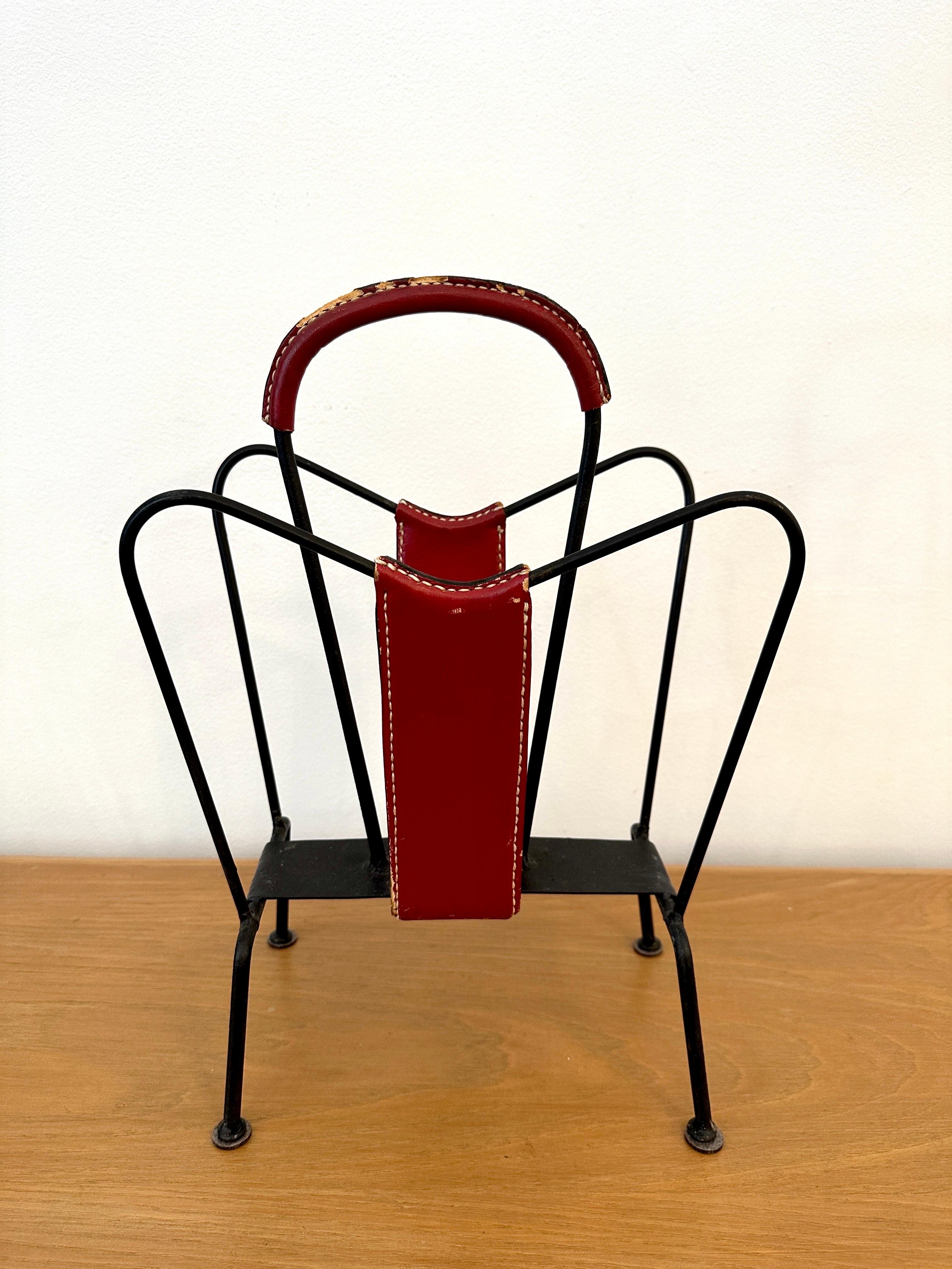 Vintage Jacques Adnet Red Stitched Leather Magazine Stand In Good Condition For Sale In East Hampton, NY