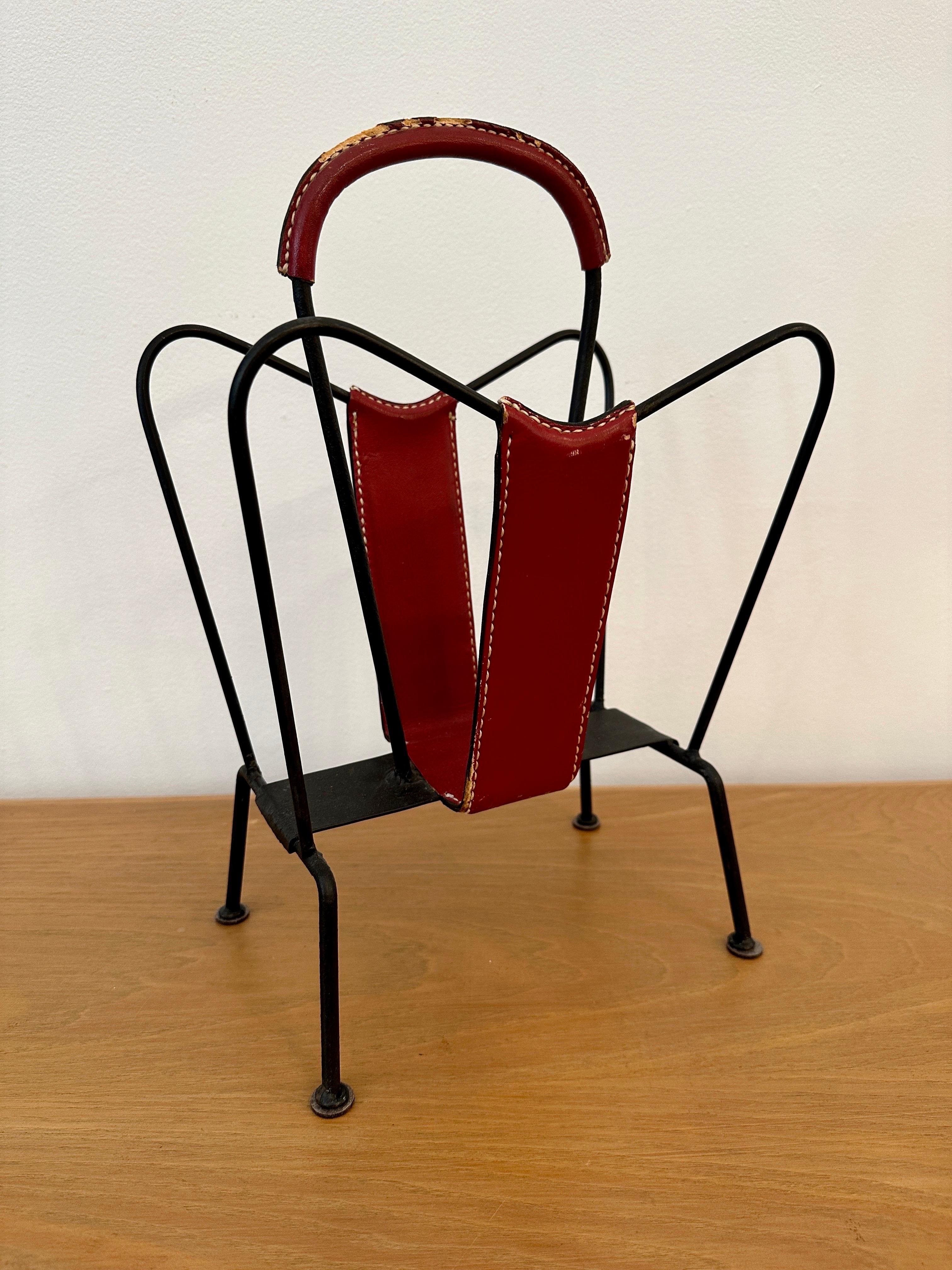 Metal Vintage Jacques Adnet Red Stitched Leather Magazine Stand For Sale