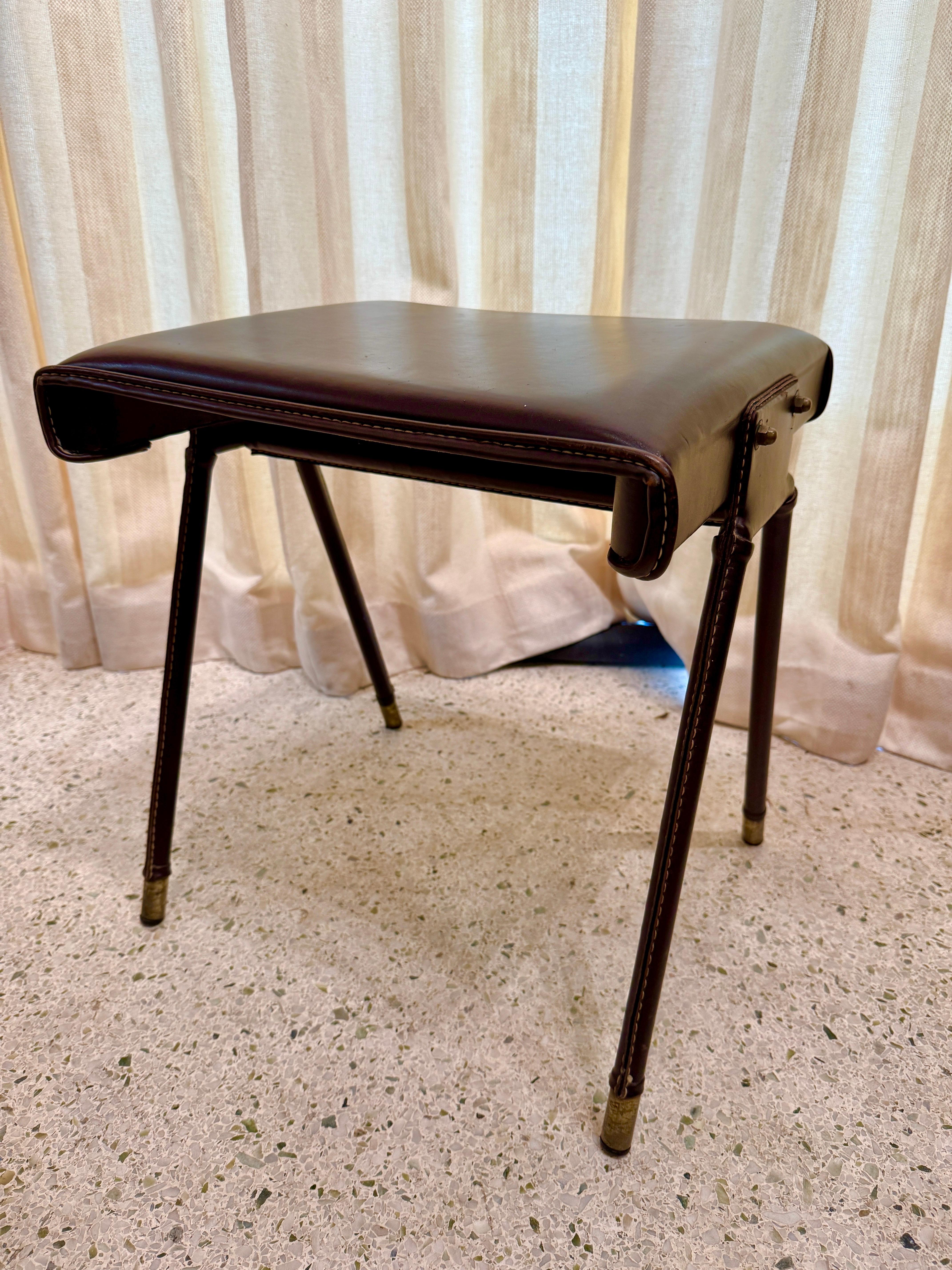 Mid-Century Modern Vintage Jacques Adnet Stitched Leather Bench/ Stool For Sale