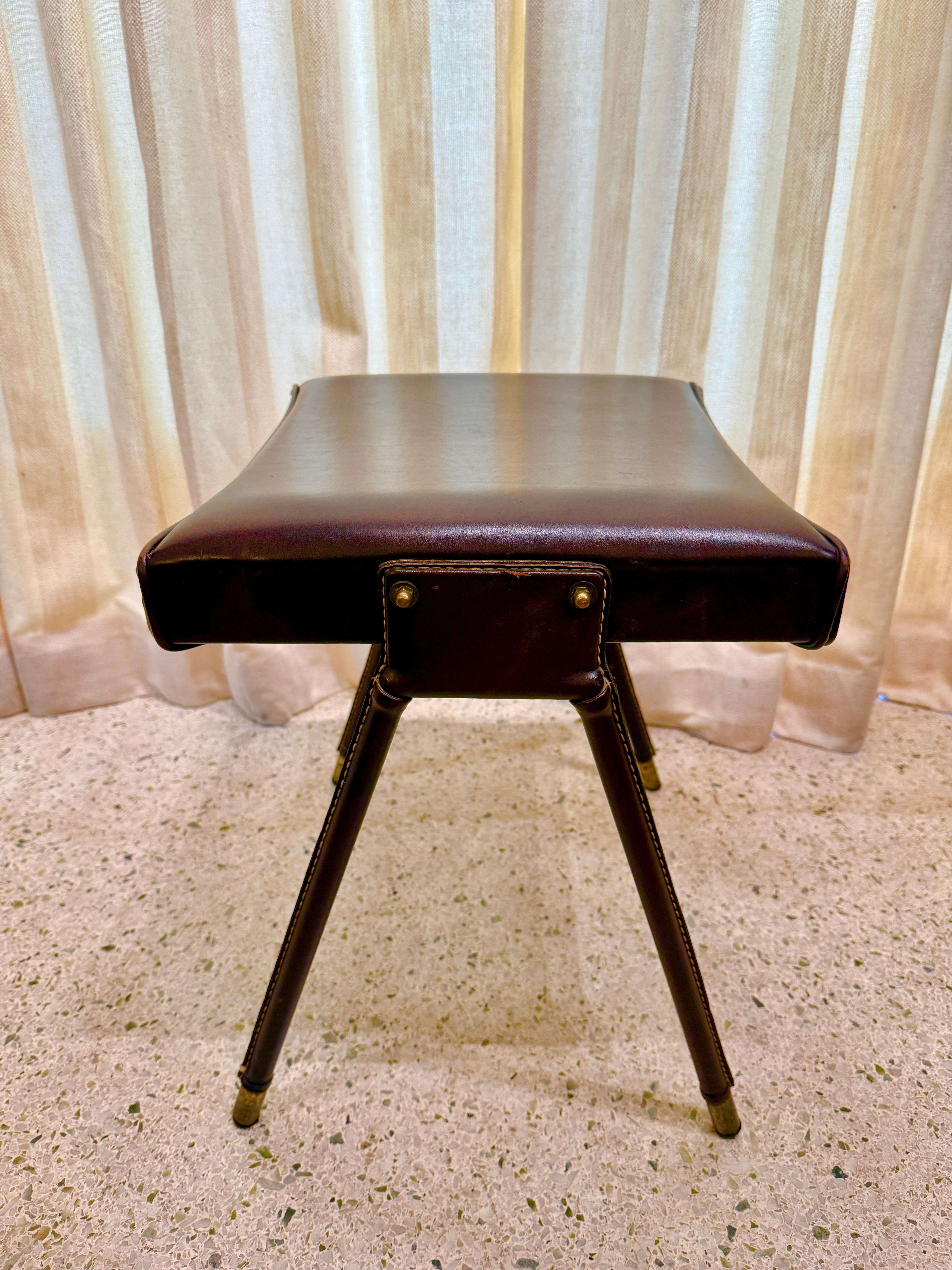 French Vintage Jacques Adnet Stitched Leather Bench/ Stool For Sale
