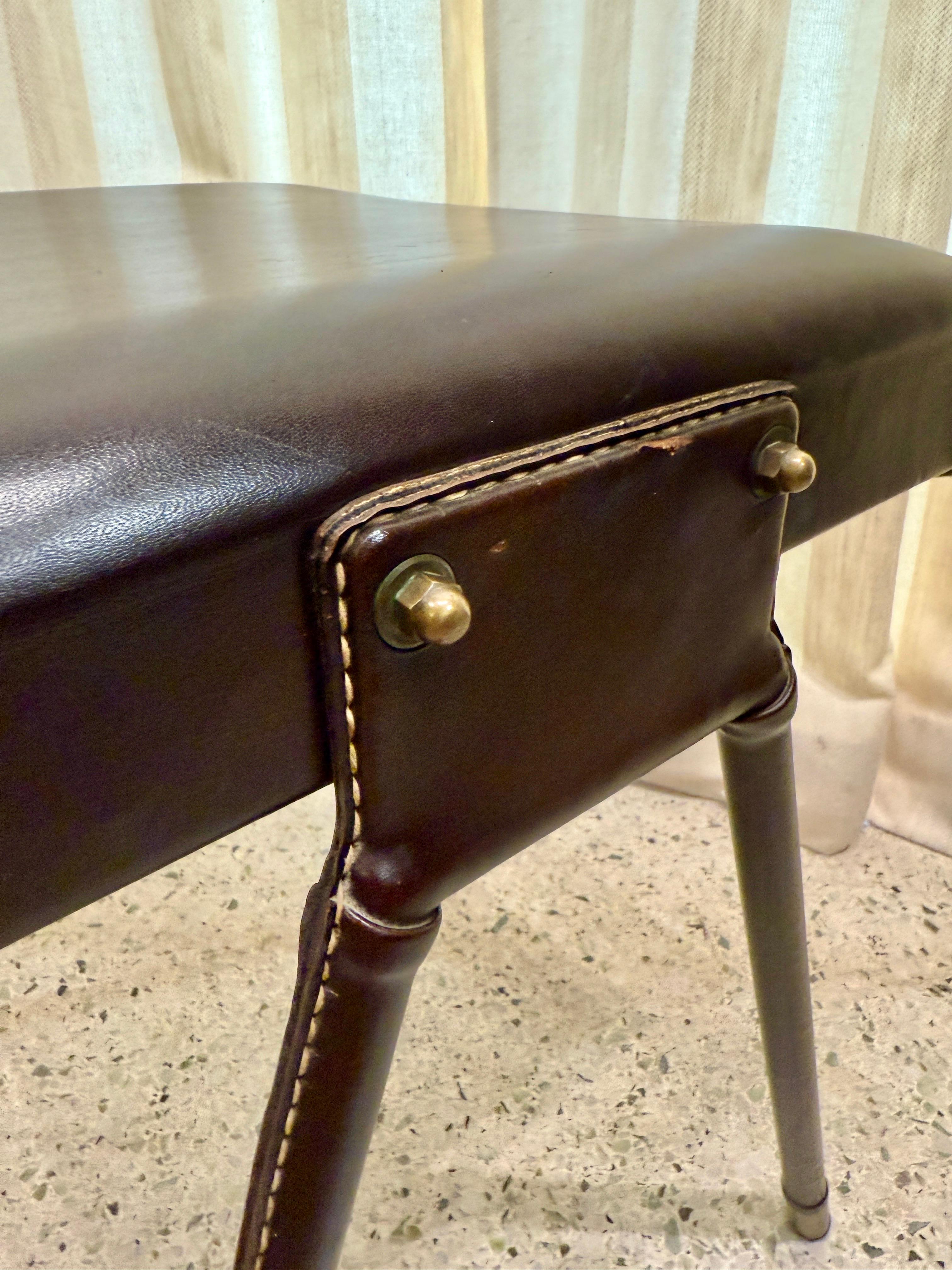Vintage Jacques Adnet Stitched Leather Bench/ Stool In Good Condition For Sale In North Miami, FL