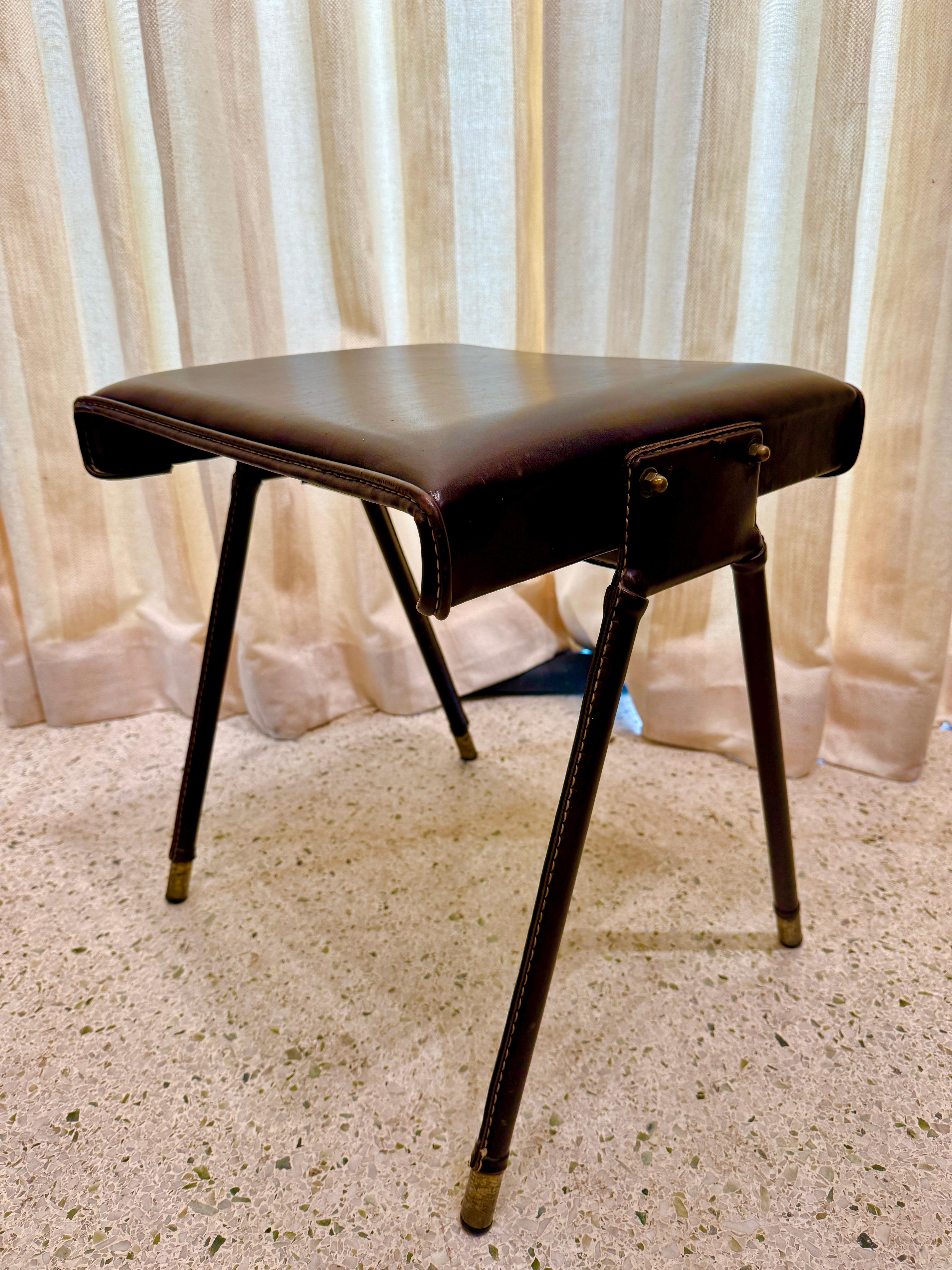 Mid-20th Century Vintage Jacques Adnet Stitched Leather Bench/ Stool For Sale