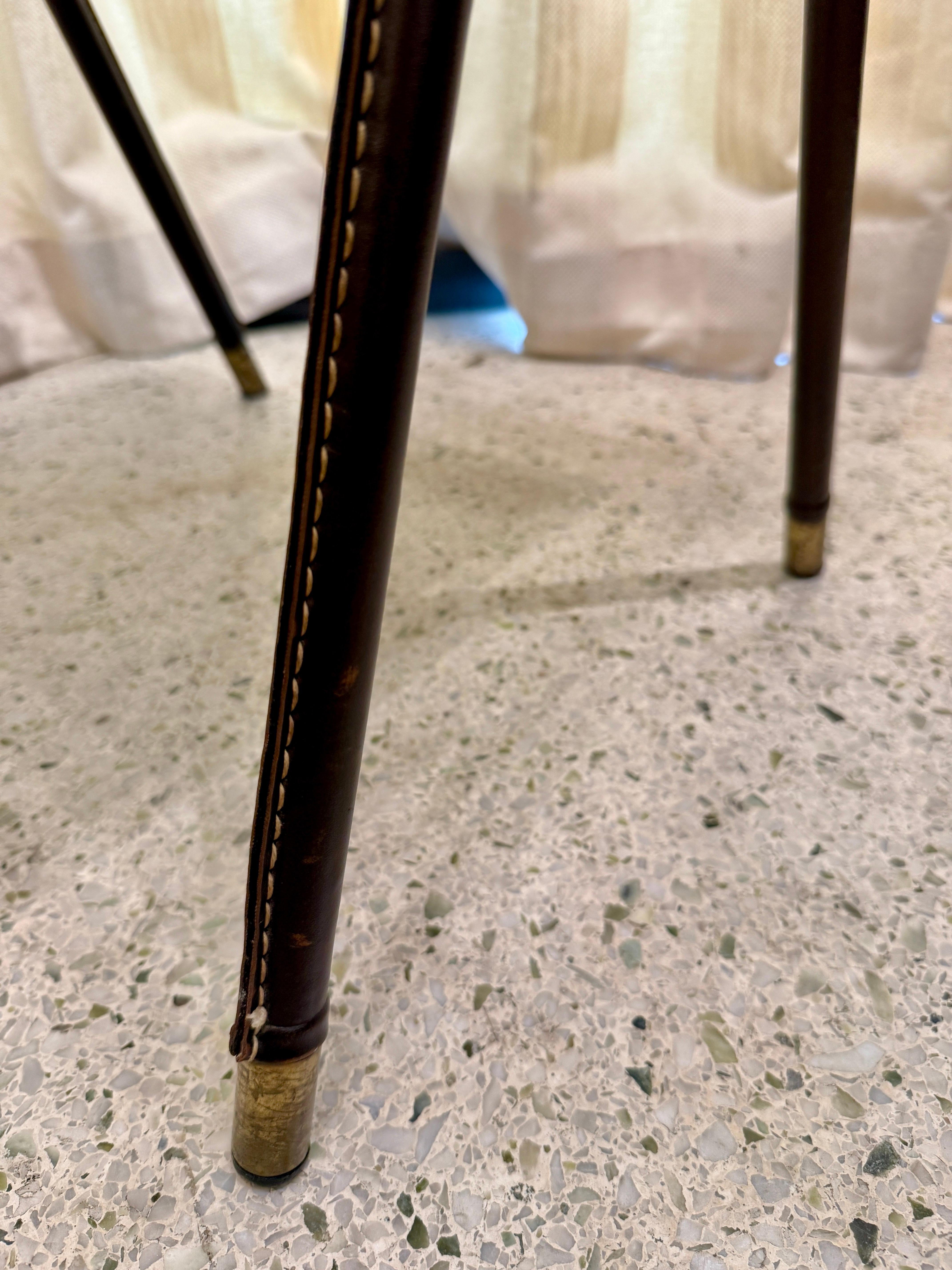 Brass Vintage Jacques Adnet Stitched Leather Bench/ Stool For Sale