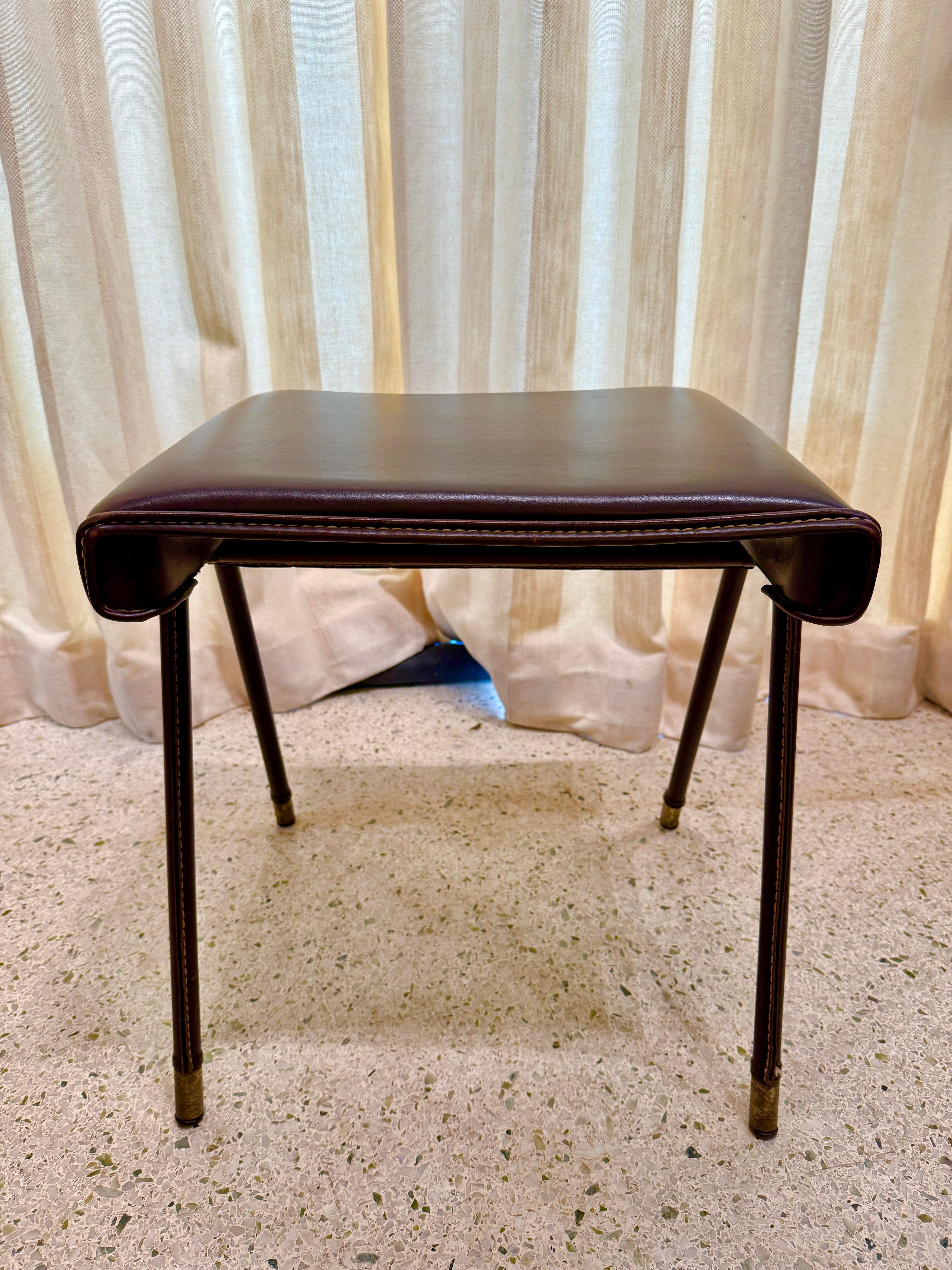 Vintage Jacques Adnet Stitched Leather Bench/ Stool For Sale 1