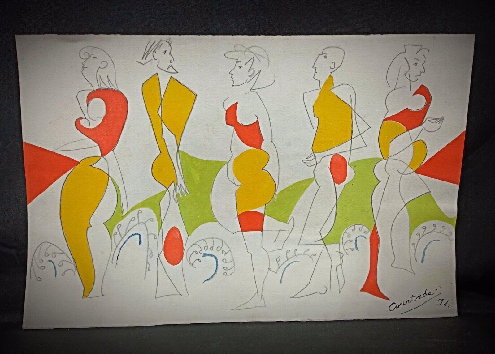 Dibujo Vintage Jacques Courtade, numerado 91 con sello - 2Y162 en venta 1