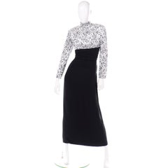 Jacques Fath - Robe de soirée noire vintage avec imprimé en dentelle brocart blanc et argenté