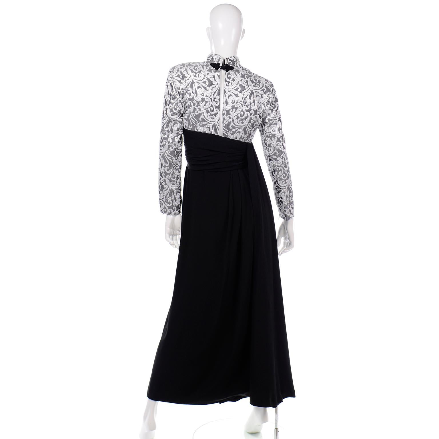 Women's or Men's Vintage Jacques Fath Black Evening Dress With Silver & White Brocade Lace Print For Sale