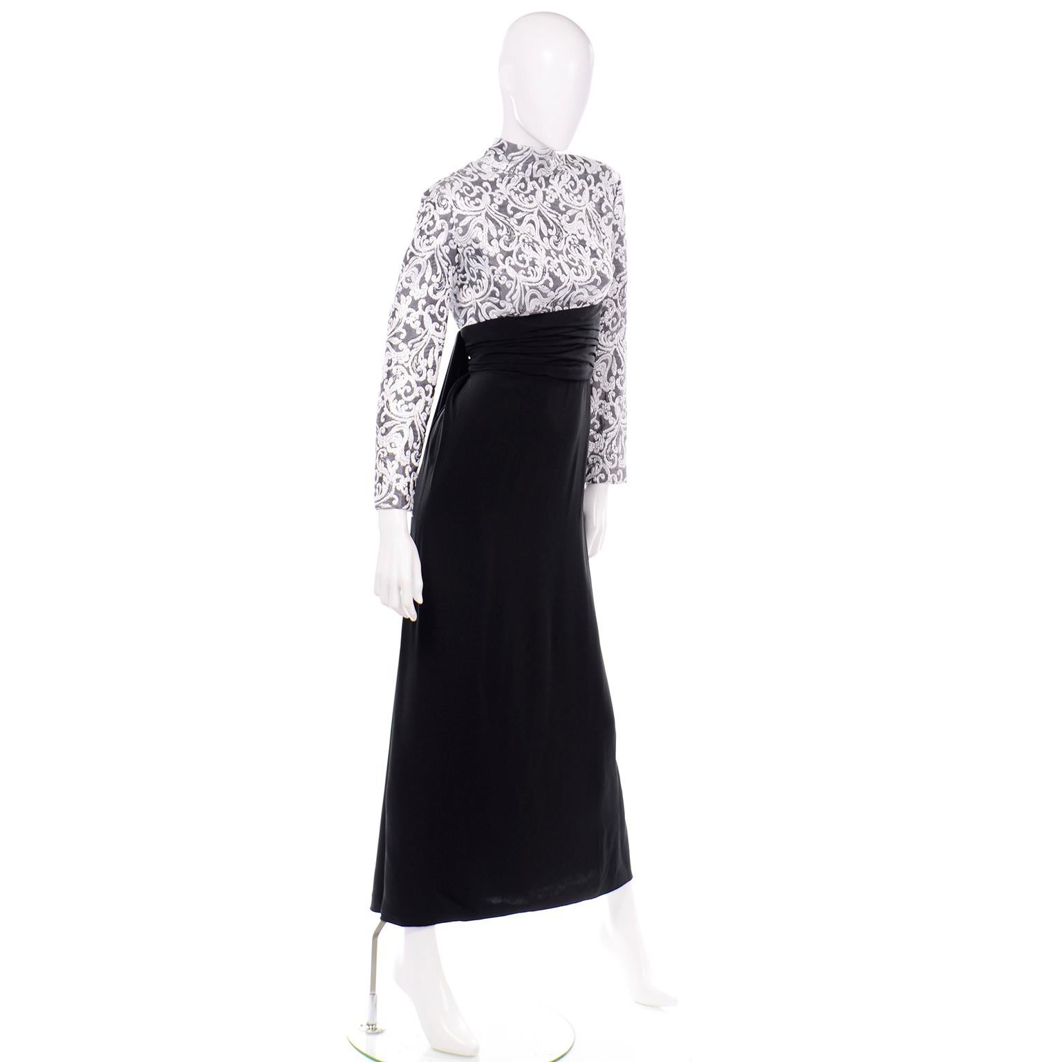 Vintage Jacques Fath Black Evening Dress With Silver & White Brocade Lace Print For Sale 1