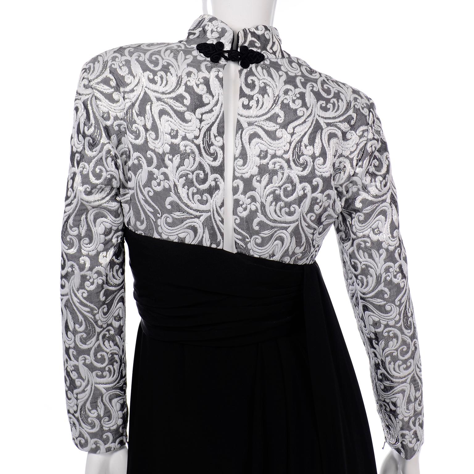 Vintage Jacques Fath Black Evening Dress With Silver & White Brocade Lace Print For Sale 3