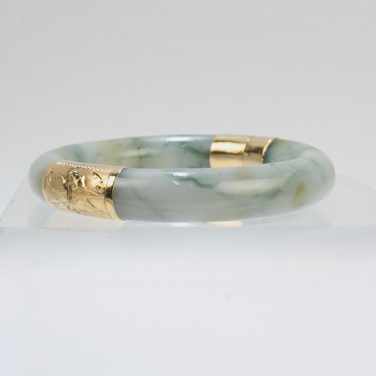 Women's Vintage Jade & 14 Karat Gold Hinged Chinese Bangle or Bracelet For Sale