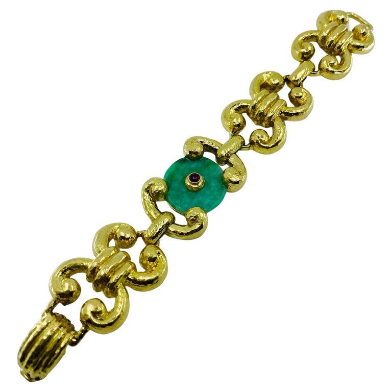 Vintage Jade 14k Gold Link Bracelet For Sale at 1stDibs