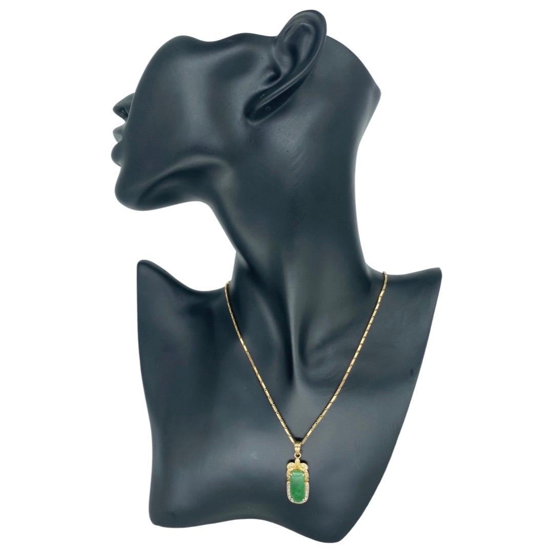 Vintage Jade and Diamonds Pendant Necklace 18k Gold. Impressive design through the entire piece starting with the pendant for center of attention and accompanied by the fancy link necklace with rare lock. Both the pendant and the necklace have