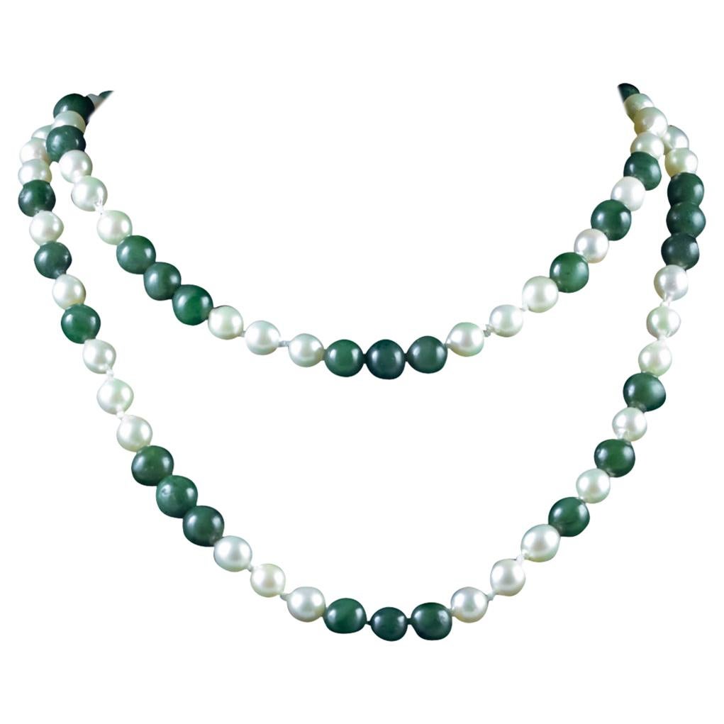 Vintage Jade and Pearl Necklace For Sale
