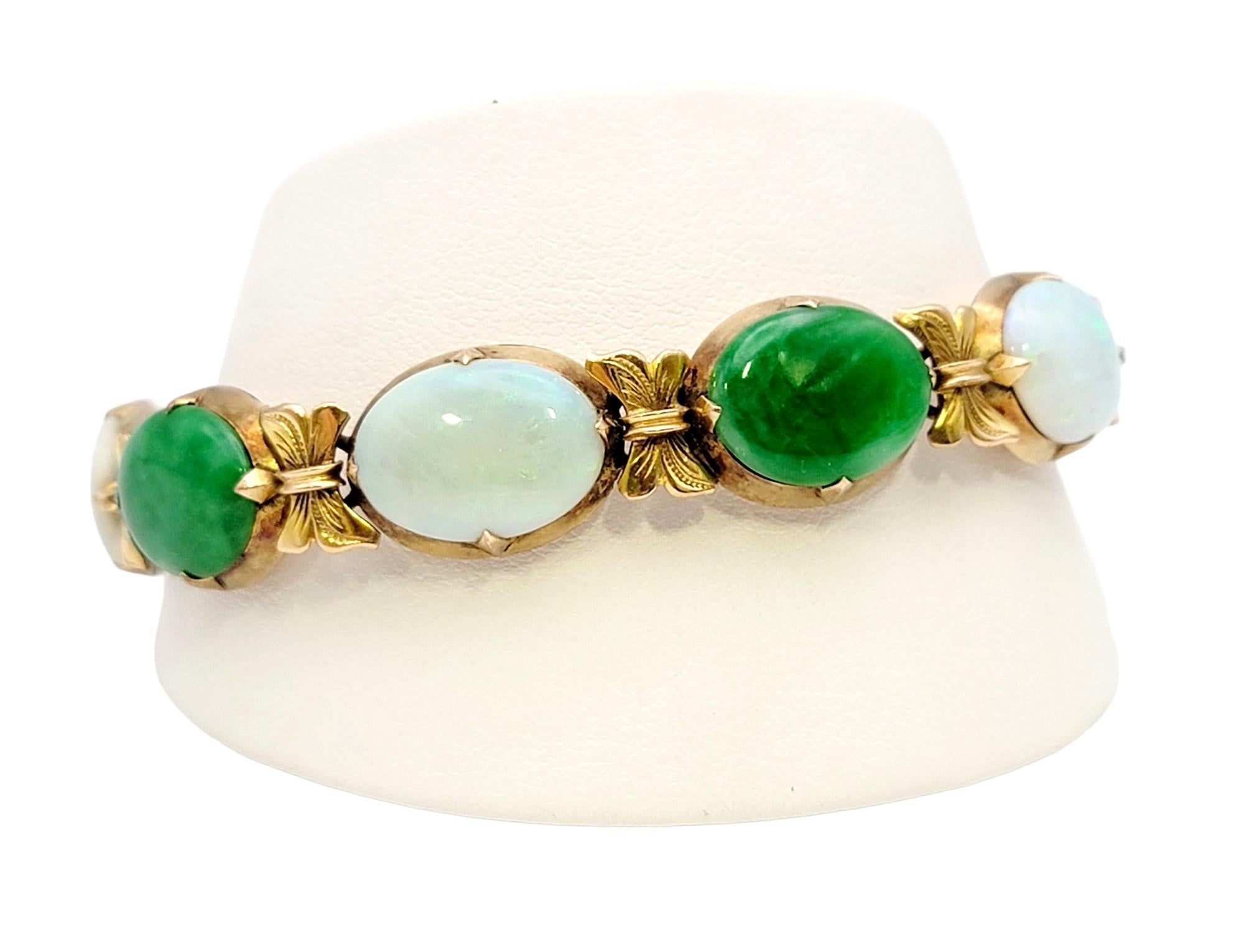 Vintage Jade and White Opal Cabochon Oval Link Bracelet in 18 Karat Yellow Gold  For Sale 7