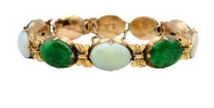 Vintage Jade and White Opal Cabochon Oval Link Bracelet in 18 Karat Yellow Gold