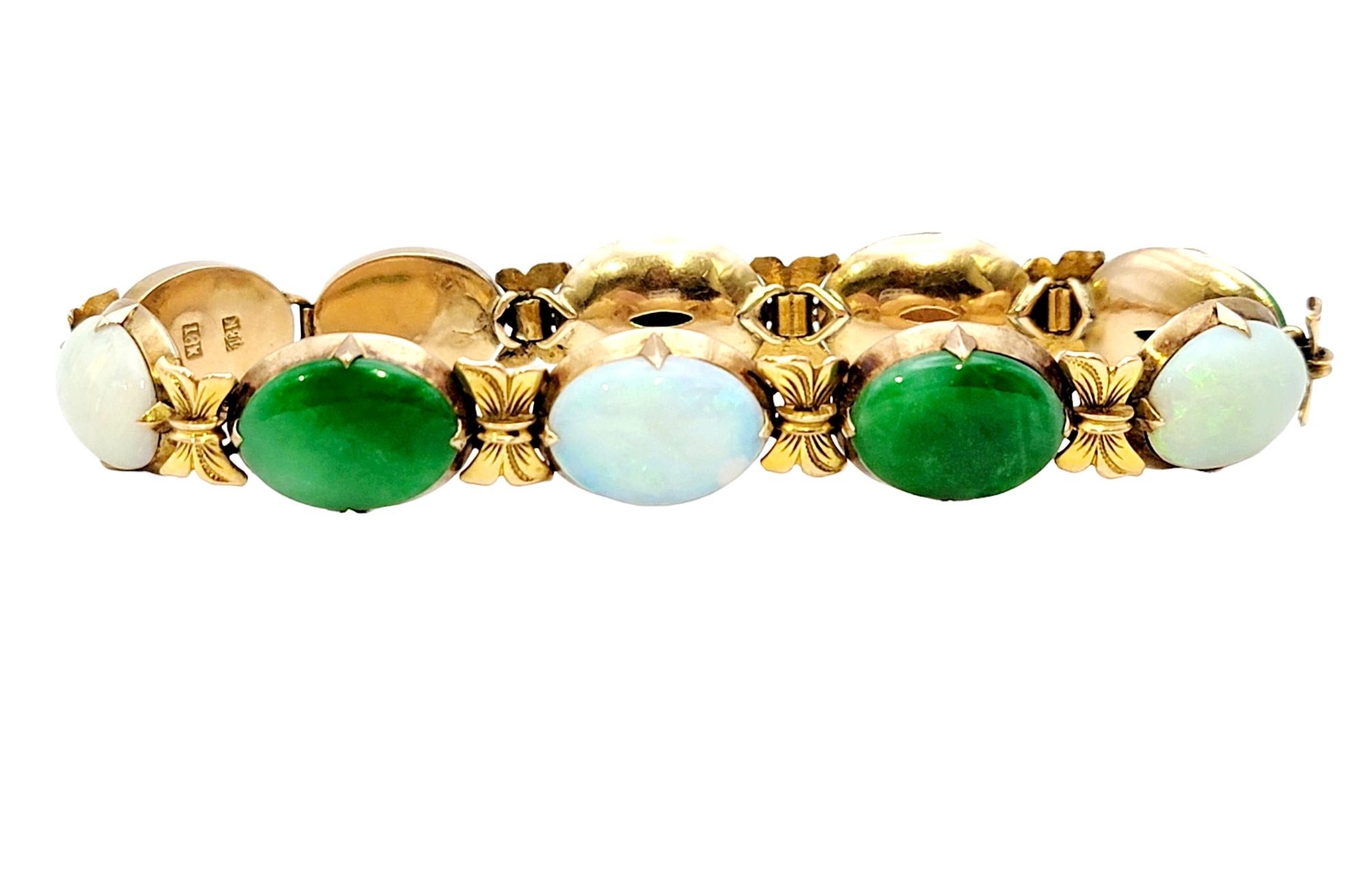 Contemporary Vintage Jade and White Opal Cabochon Oval Link Bracelet in 18 Karat Yellow Gold  For Sale
