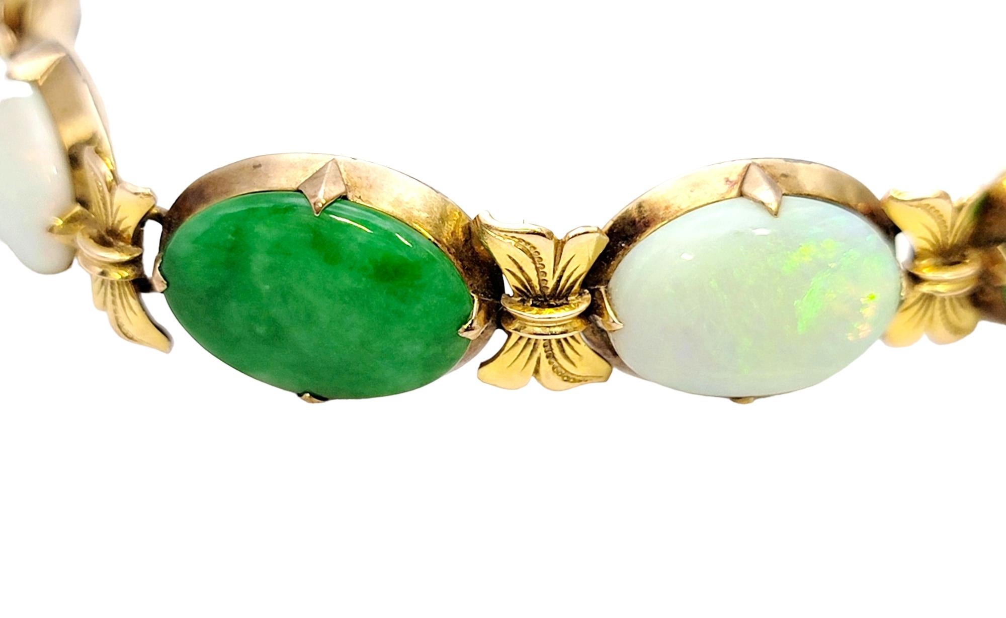Oval Cut Vintage Jade and White Opal Cabochon Oval Link Bracelet in 18 Karat Yellow Gold  For Sale