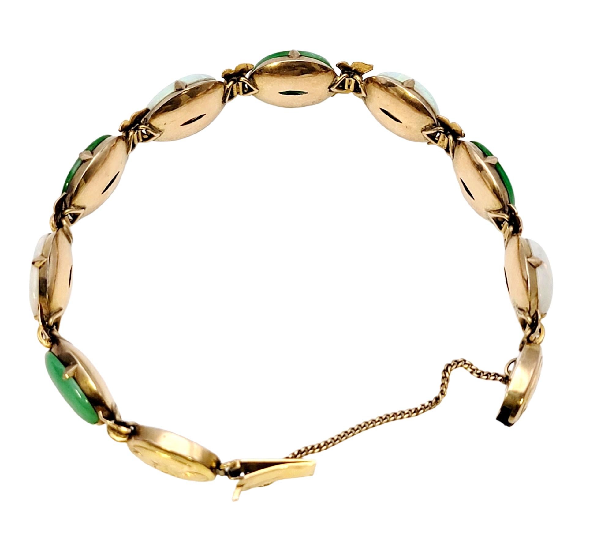 Women's Vintage Jade and White Opal Cabochon Oval Link Bracelet in 18 Karat Yellow Gold  For Sale
