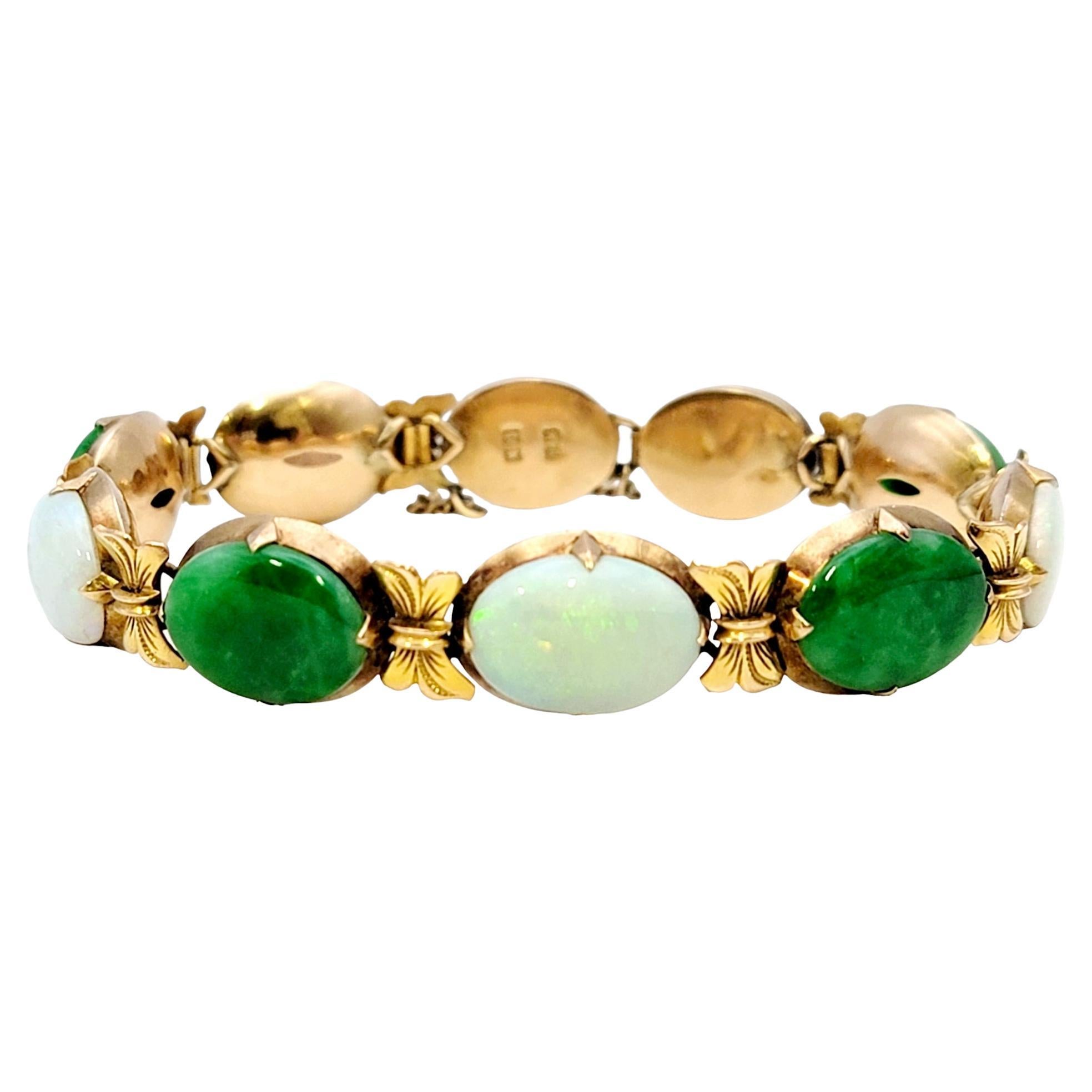 Bracelet à maillons ovales vintage en or jaune 18 carats, jade et opale blanche cabochon 