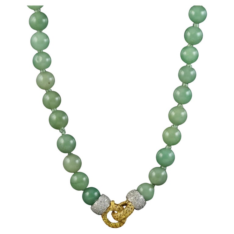 Vintage Jade Bead Necklace Diamond Yellow Sapphire Clasp, circa 1960