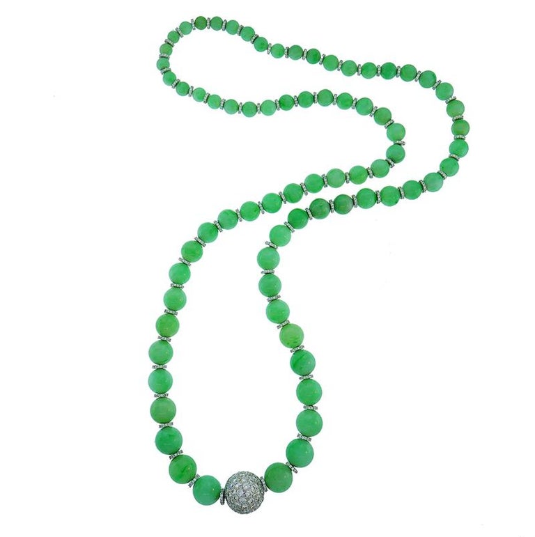 Vintage Jade Bead Necklace with Diamond 14k White Gold Rondelles and