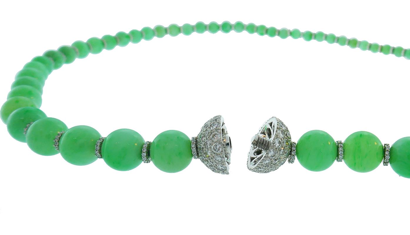 Mixed Cut Vintage Jade Bead Necklace with Diamond 14k White Gold Rondelles and Clasp For Sale