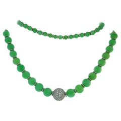 Retro Jade Bead Necklace with Diamond 14k White Gold Rondelles and Clasp