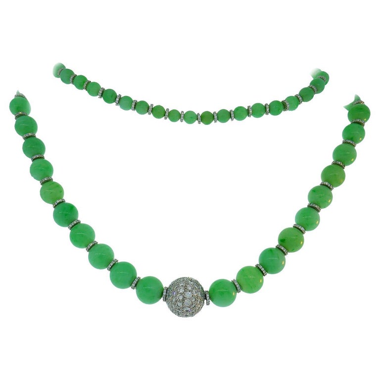 Vintage Jade Bead Necklace with Diamond 14k White Gold Rondelles and