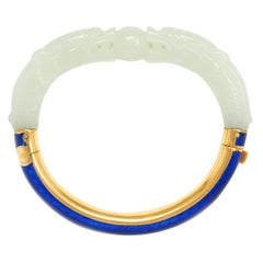 Vintage Jade Blue Enamel 18 Karat Yellow Gold Two Dragons Cuff Bracelet
