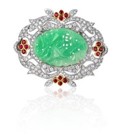 Broche vintage ANGELETTI PRIVATE COLLECTION or avec diamants, rubis et jade
