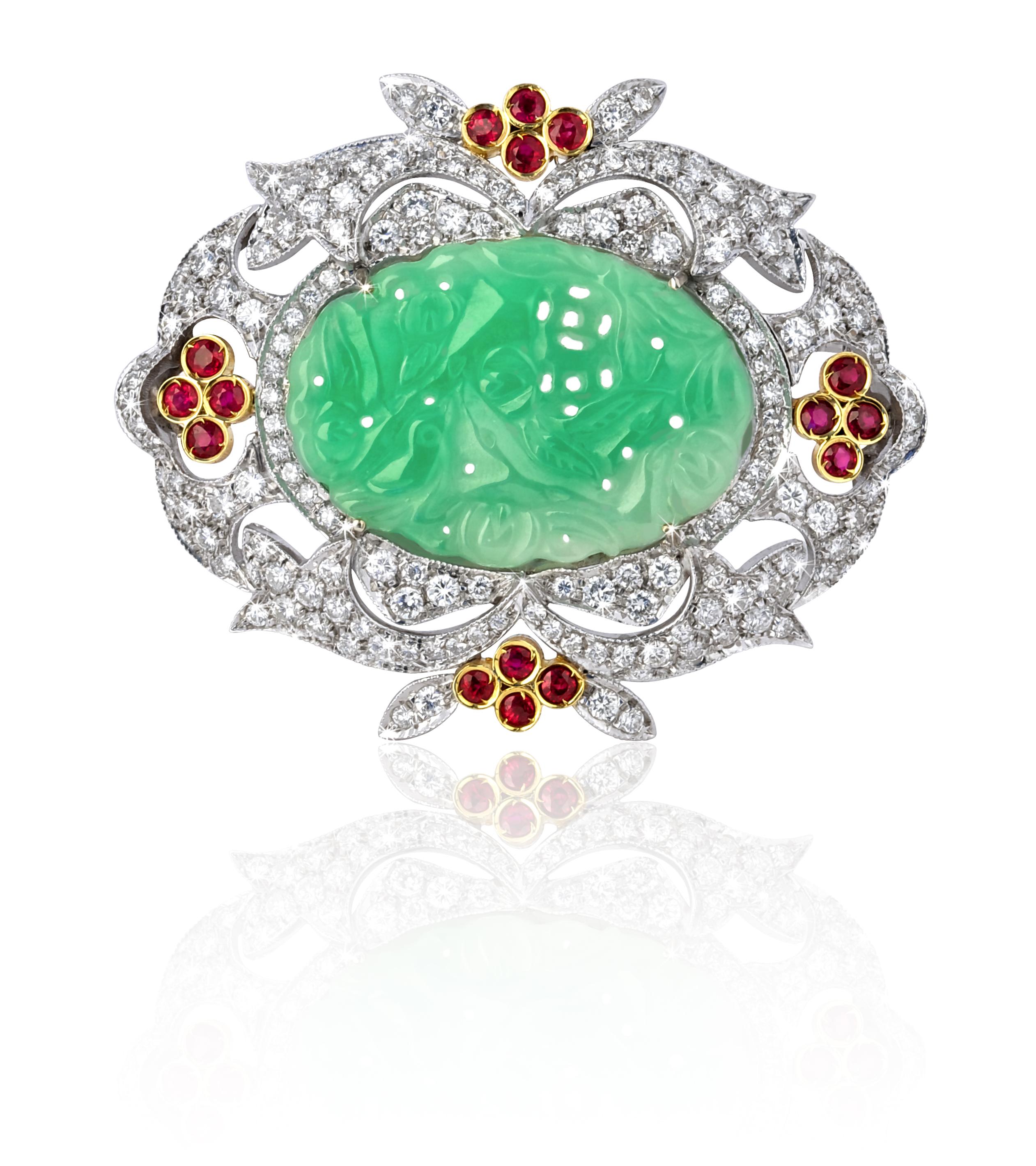 Brilliant Cut Vintage Jade Brooch From ANGELETTI PRIVATE COLLECTION Gold with Diamonds Rubies For Sale