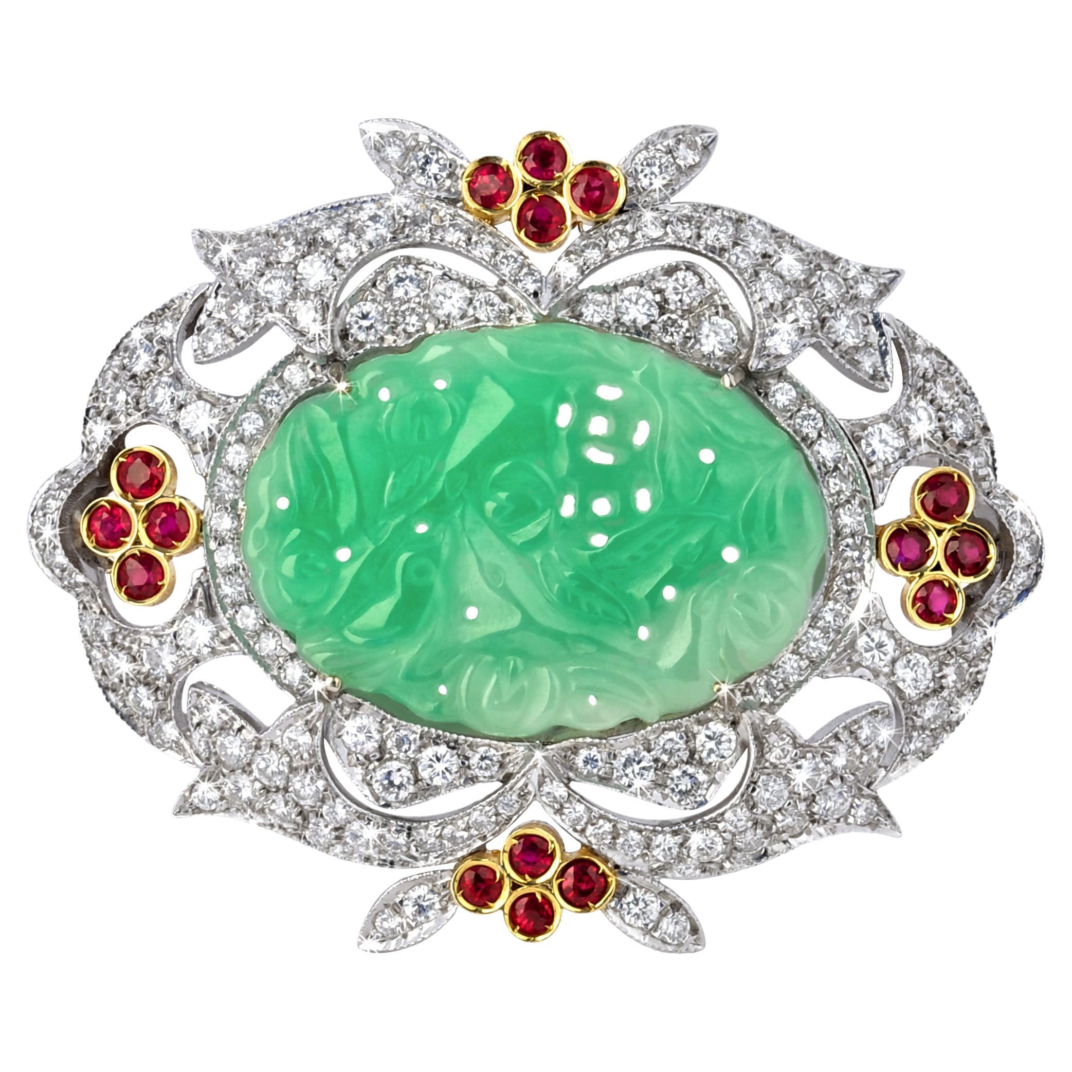 Vintage Jade Brooch From ANGELETTI PRIVATE COLLECTION Gold with Diamonds Rubies For Sale