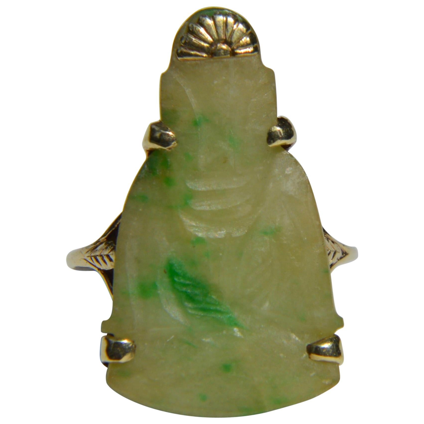 Vintage Jade Buddha 10 Karat Gold Cocktail Ring For Sale