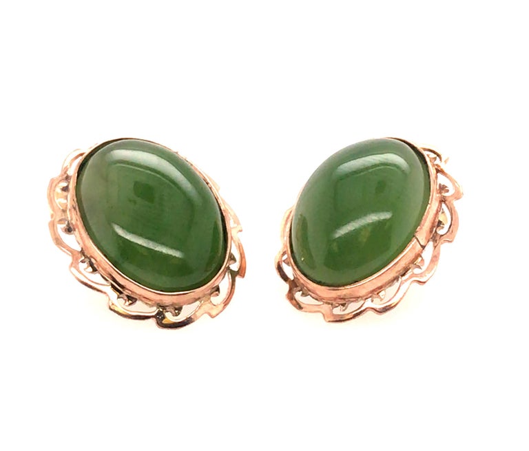 Vintage Jade Cabochon Stud Earrings 14K Yellow Gold Retro Mid Century Antique For Sale at 1stDibs